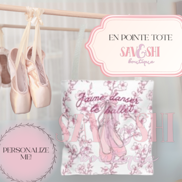 Ballet Tote Bag, Pink Cherry Blossom Hand Drawn Pointe Shoes, Personalized Name, Dance Bag, Ballet Gift, Dance Studio Tote, Ballerina Bag